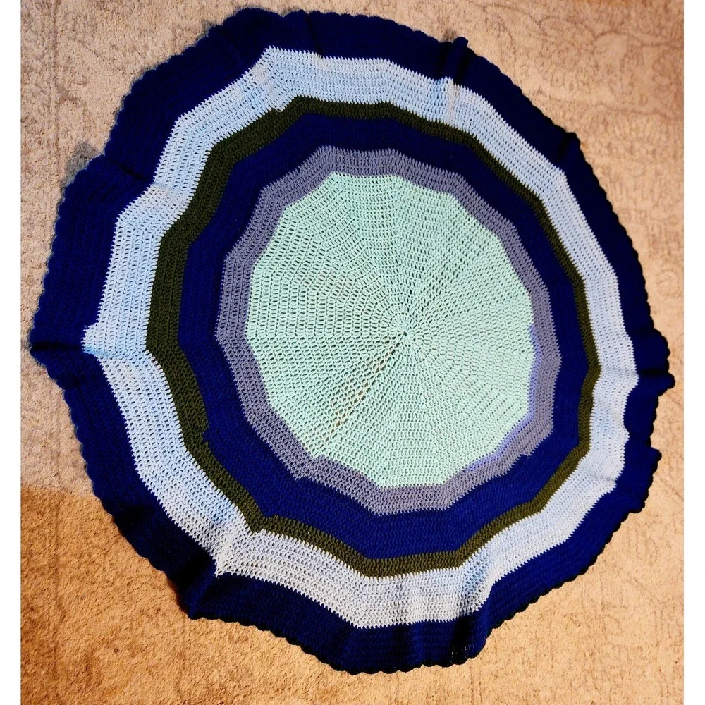 Beautiful Crocheted Blanket Round With Colorful Blue Pattern 58in In Diameter